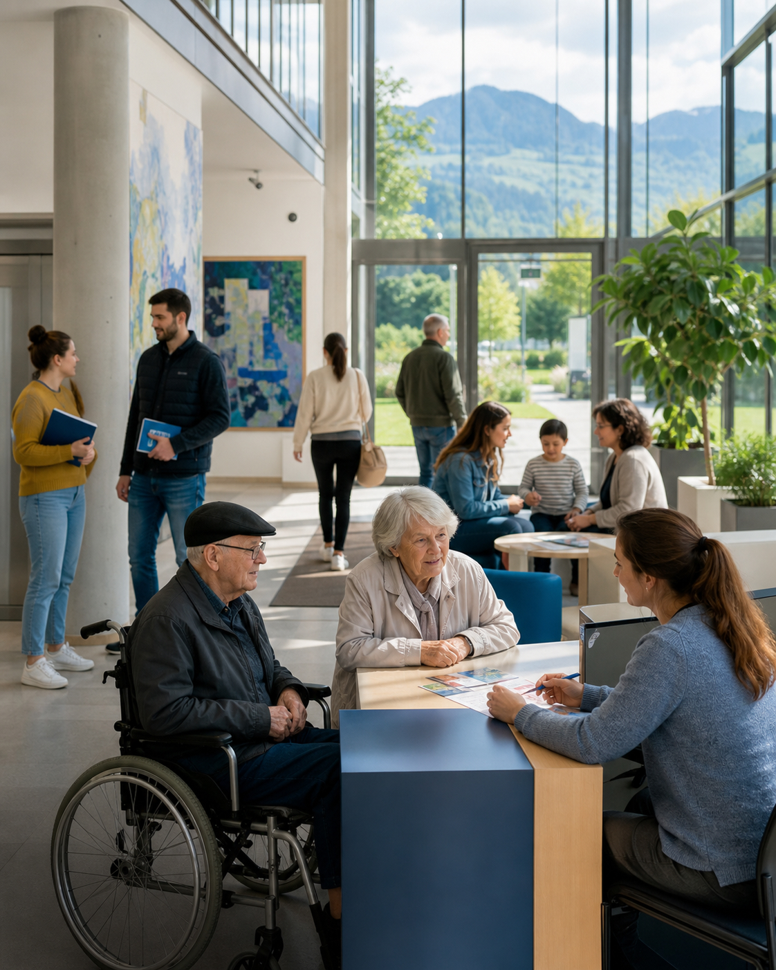 Menschen im hellen Foyer eines Geb&auml;udes mit Bergblick, einige unterhalten sich an Tischen.
