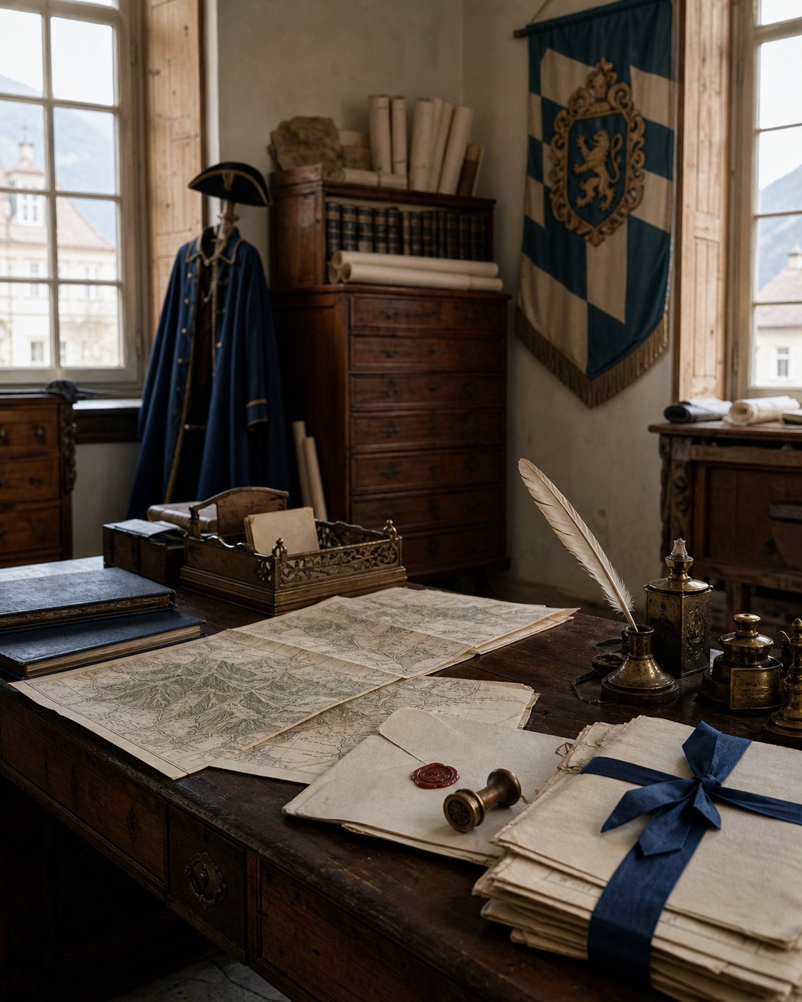 Historisches Verwaltungszimmer mit Karten, Schriftst&uuml;cken und Schreibfeder