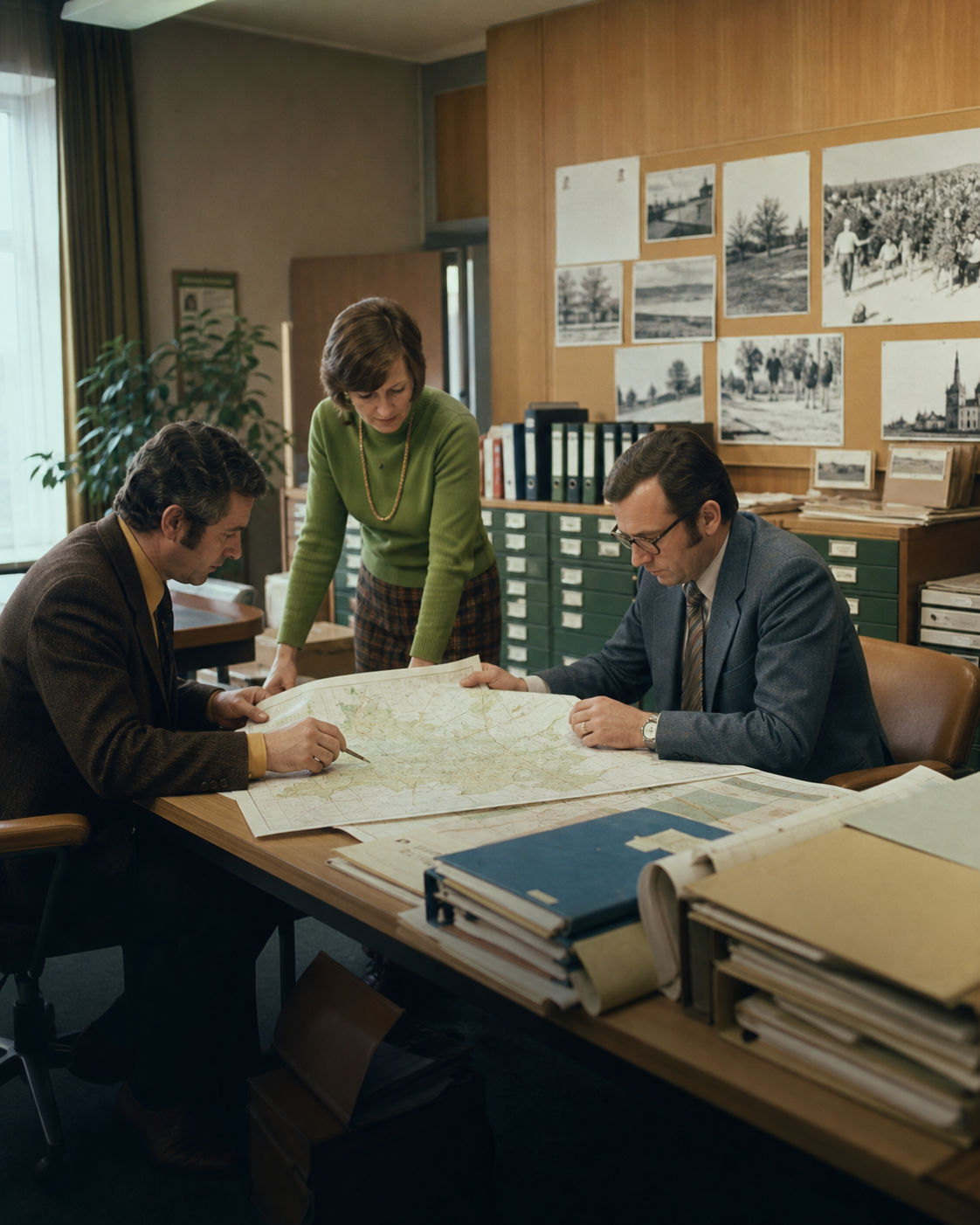 Verwaltungsmitarbeitende besprechen in den 1970er Jahren Karten und Akten